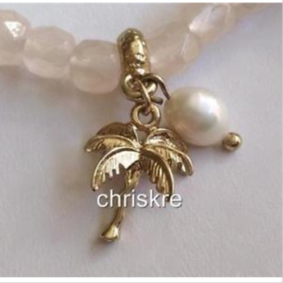 Pink Flamingo Charm Bracelet Freshwater White Pearl Palm Tree Gold Tone Beaded - Picture 5 of 9